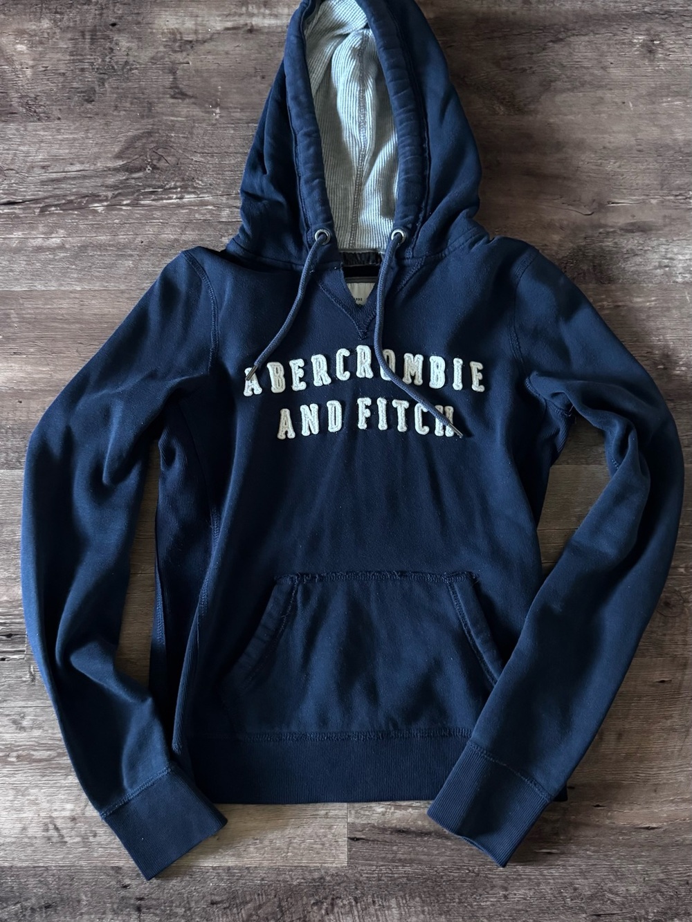Abercrombie & Fitch Navy Hoodie Pullover with White Logo - from early 2000s